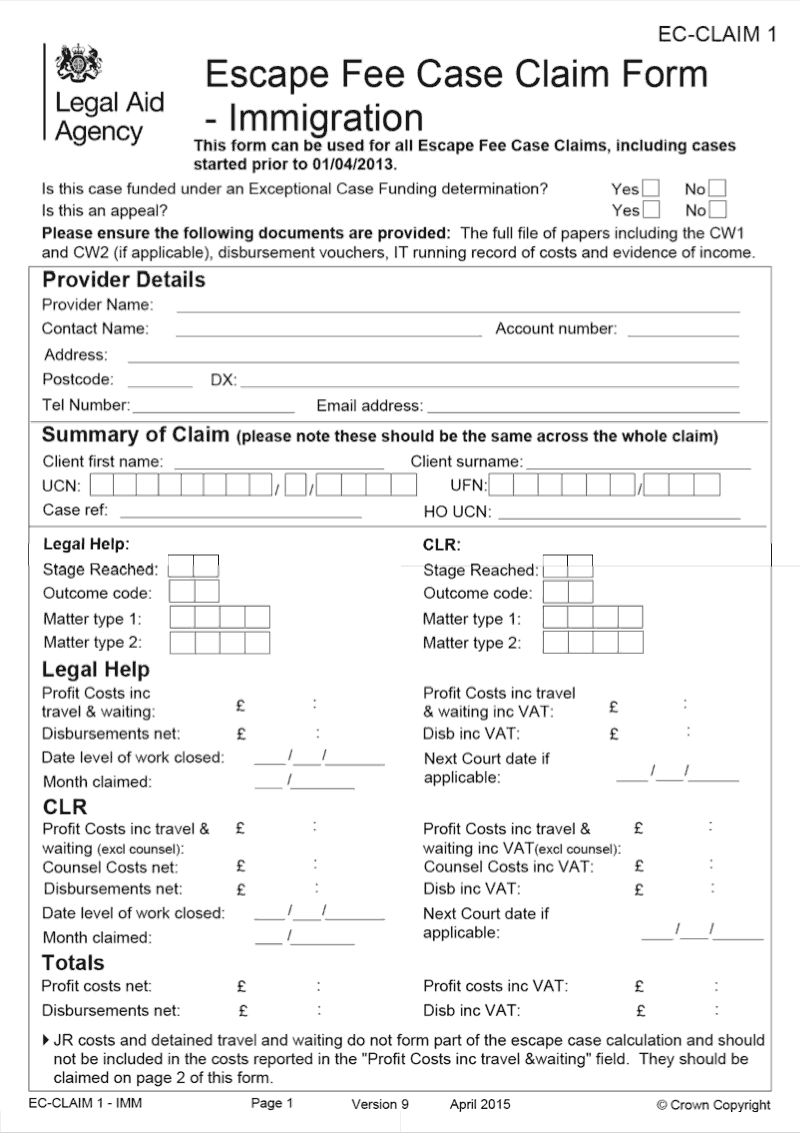 EC CLAIM1 IMM Escape Fee Case Claim form Immigration preview