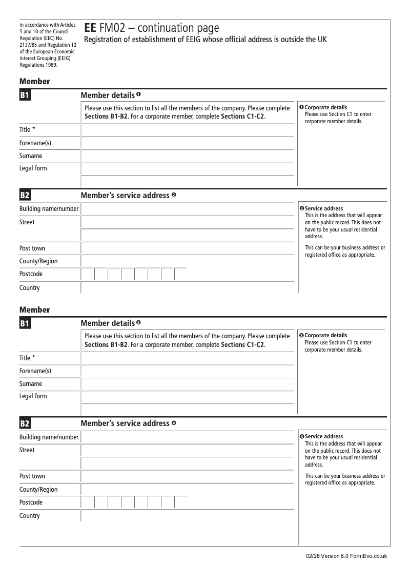 EE FM02 Continuation Page 1 Member details continuation page EE FM02 Statement of name establishment address in the UK and members of an EEIG whose official address is outside the UK preview