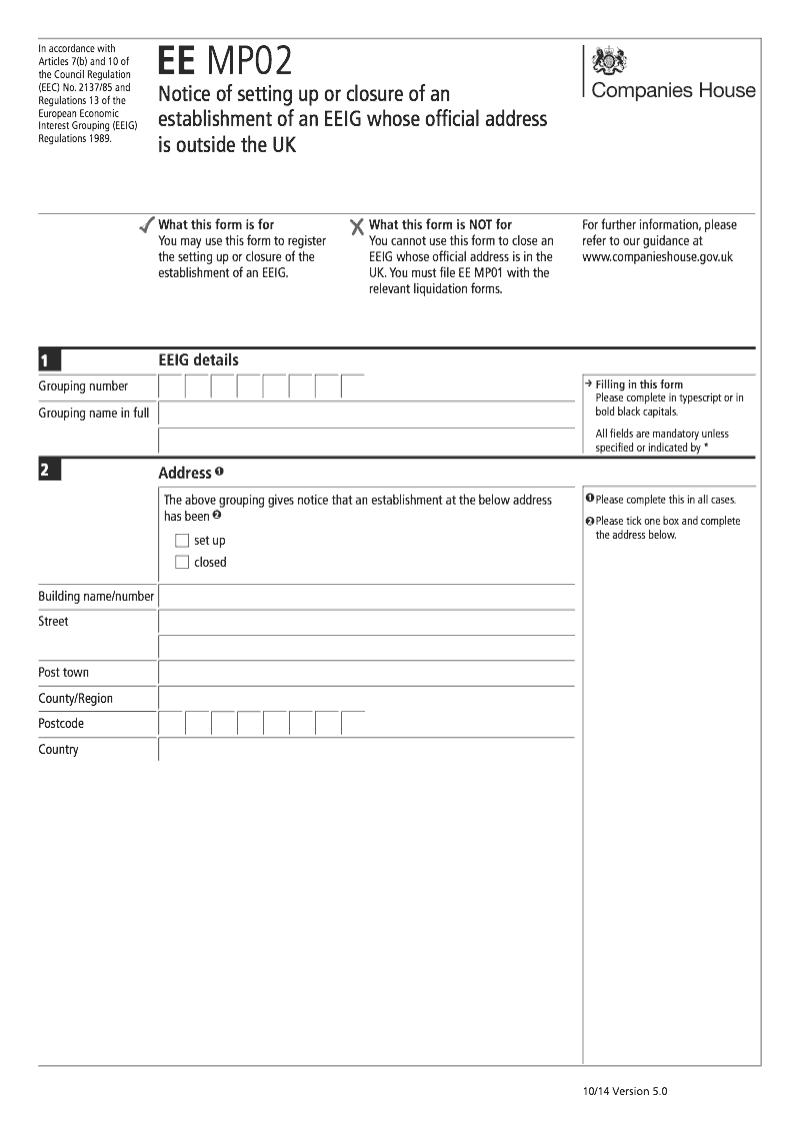 EE MP02 Notice of setting up or closure of an establishment of an EEIG preview