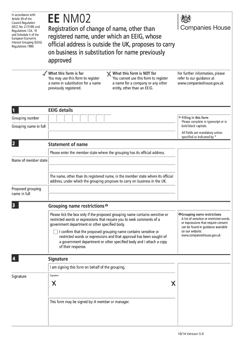 EE NM02 Statement of name other than registered name under which an EEIG whose official address is outside the UK proposes to carry on business in substitution for name previously approved preview