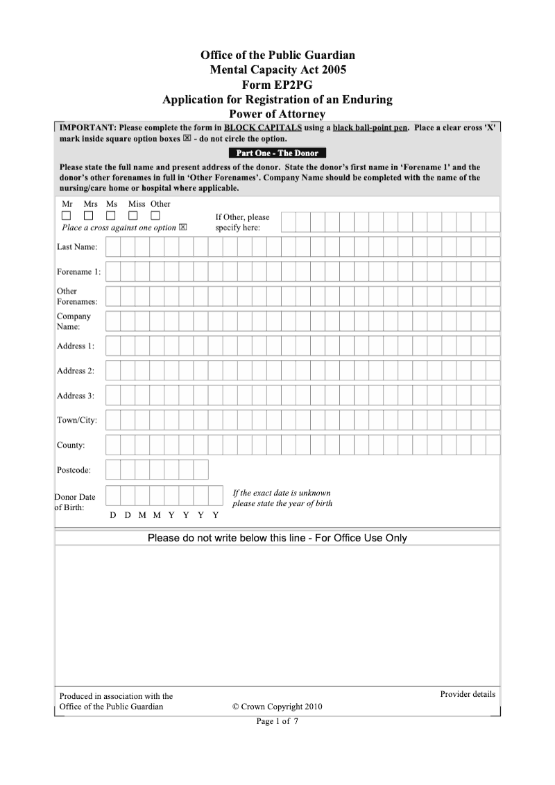 EP2PG Application for Registration of an Enduring Power of Attorney
