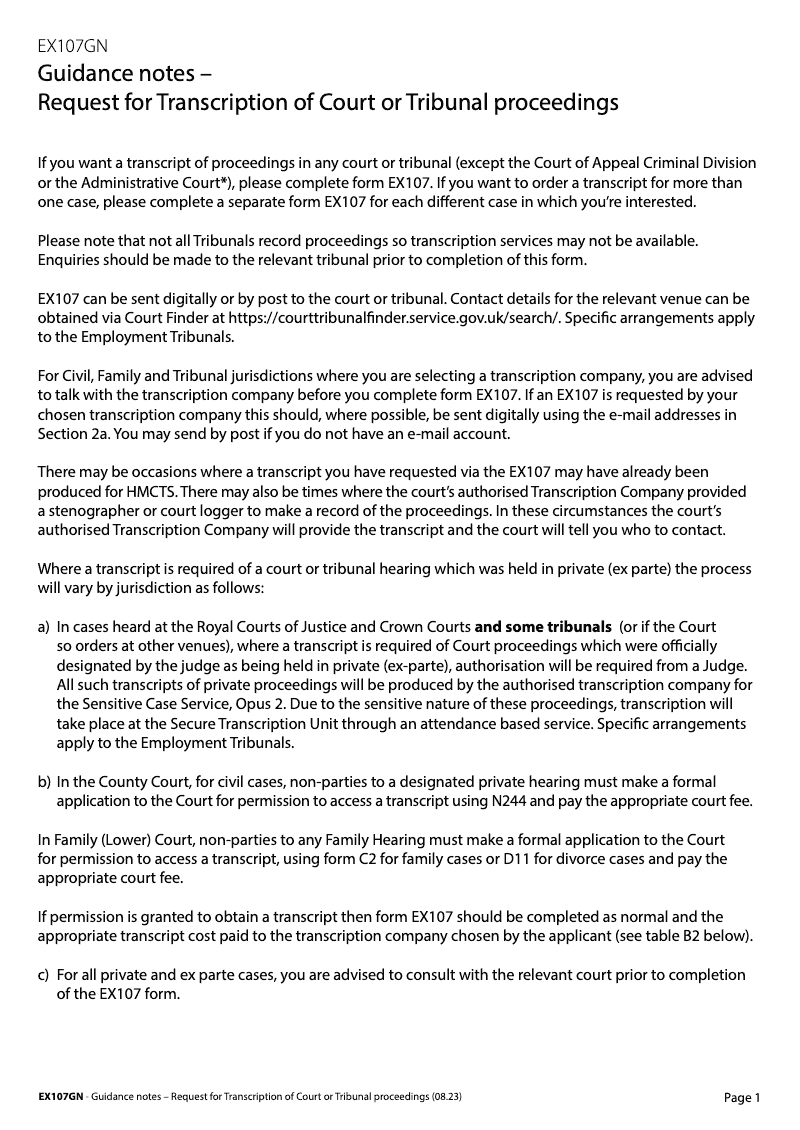 EX107GN Guidance Notes - Request for transcription of Court or Tribunal ...