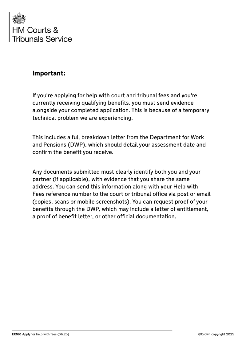 EX160 Application for help with fees preview