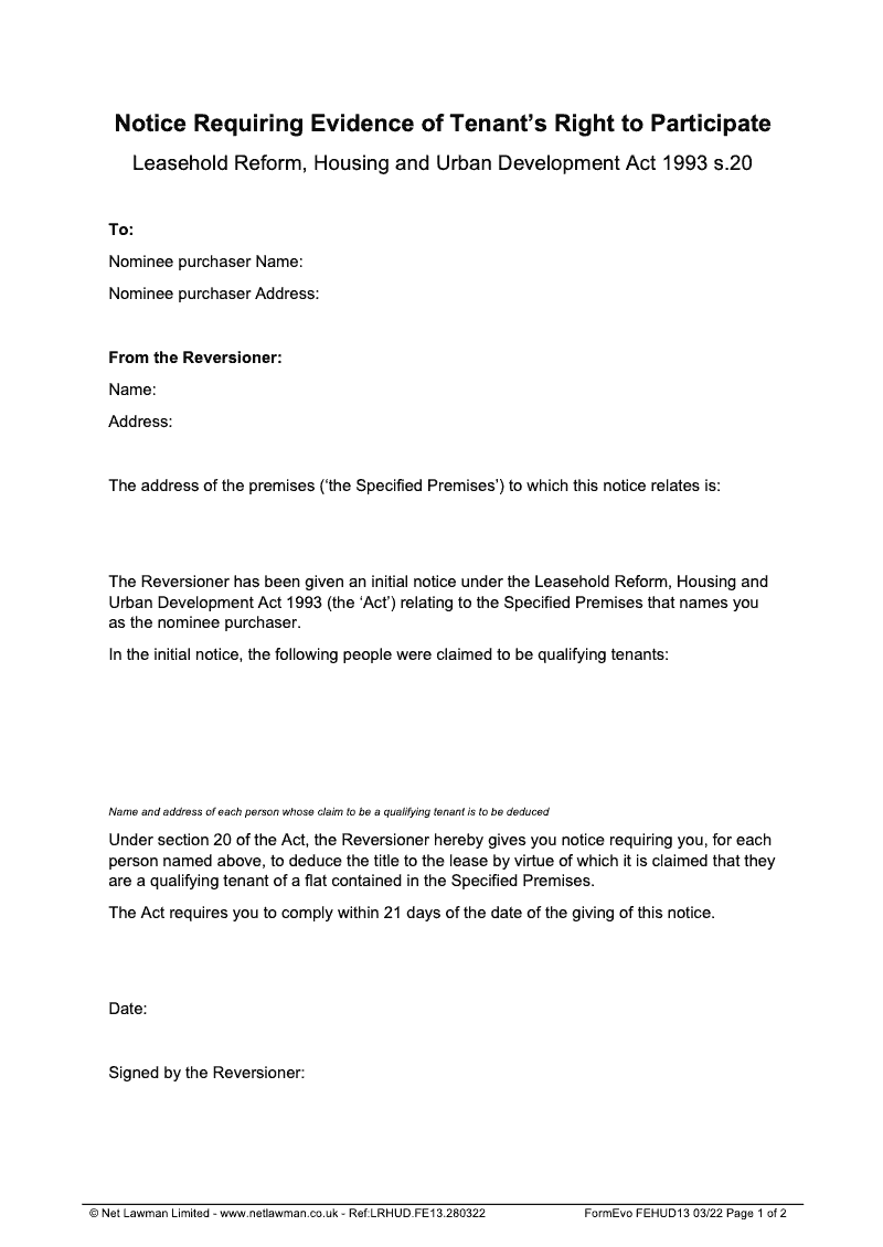 FEHUD13 Notice Requiring Evidence of Tenant's Right to Participate Section 42