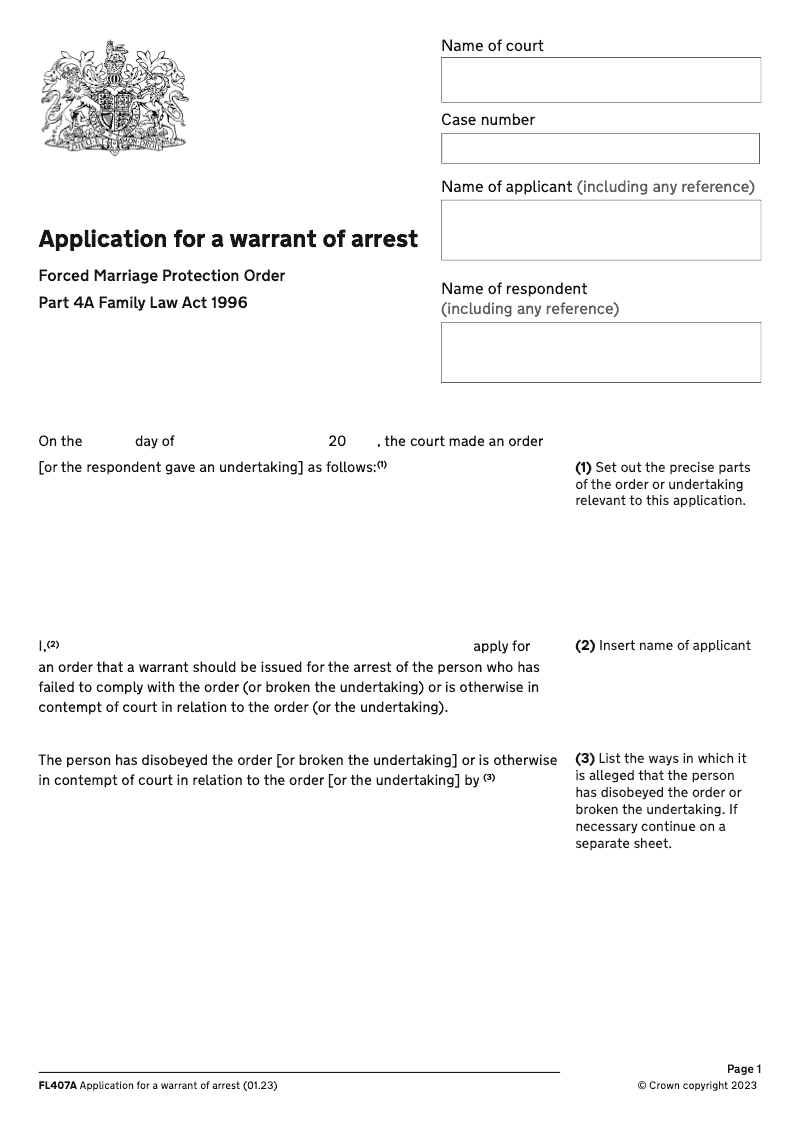 FL407A Application for a Warrant of Arrest Forced Marriage Protection Order Part 4A Family Law Act 1996 preview