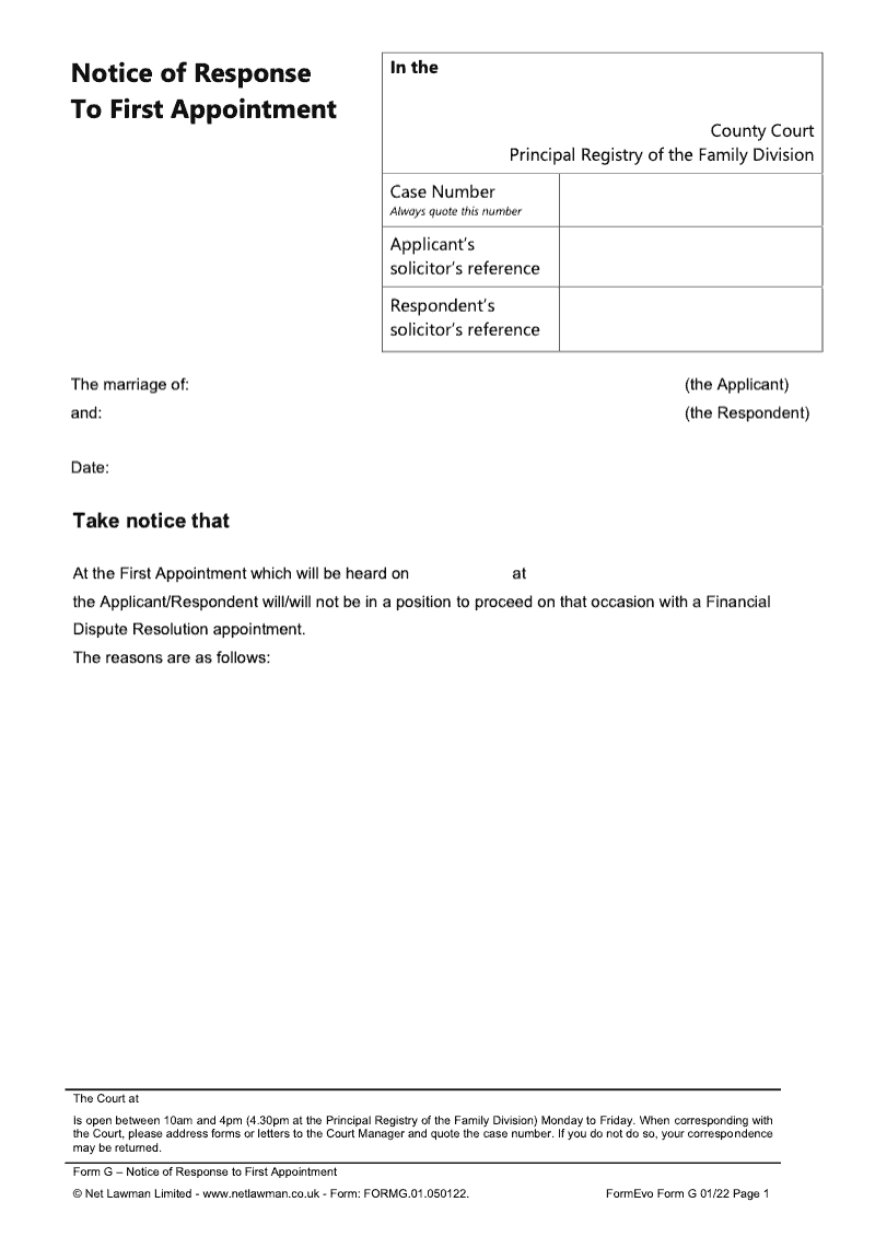 Form G Notice of Response to First Appointment preview