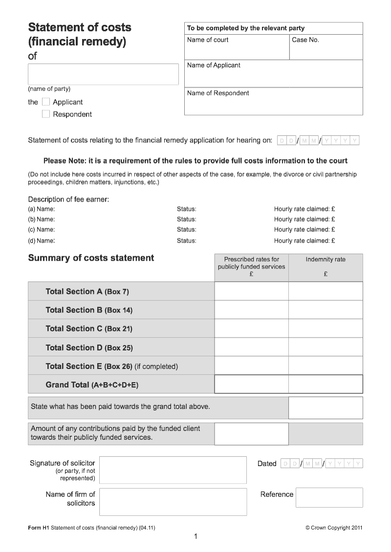 Form H1 Statement of costs financial remedy preview