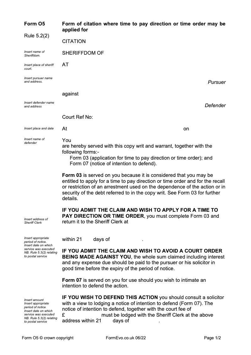 FORM O5 Form of Citation where time to pay direction or time order may be applied for electronic signature available preview