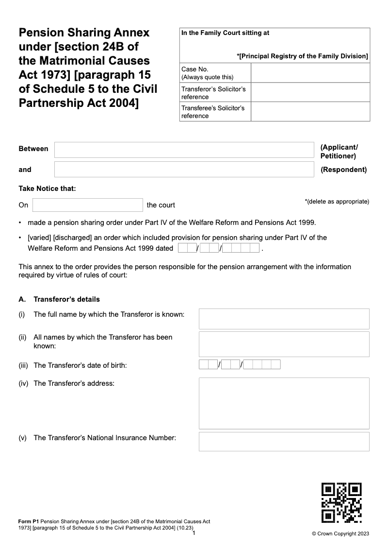 Form P1 Pension Sharing Annex under section 24B of the Matrimonial Causes Act 1973 paragraph 15 of Schedule 5 to the Civil Partnership Act 2004 preview