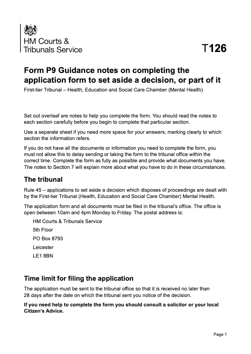 FormP9 Guidance Form P9 Guidance notes on completing the application form to set aside a decision or part of it preview
