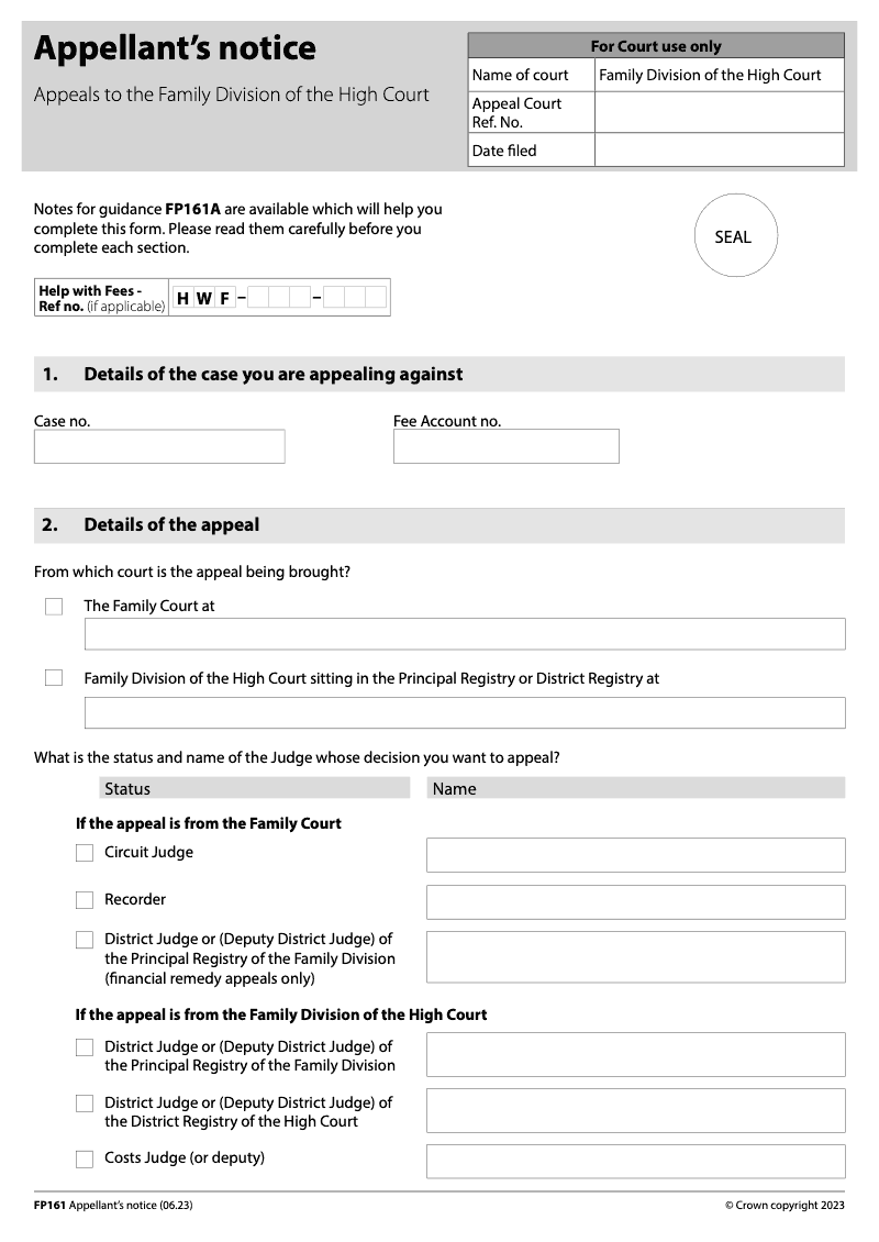 FP161 Appellant s notice Appeals to the Family Division of the High Court preview