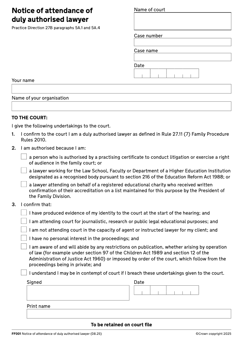 FP301 Notice of attendance of duly authorised lawyer electronic signature available preview