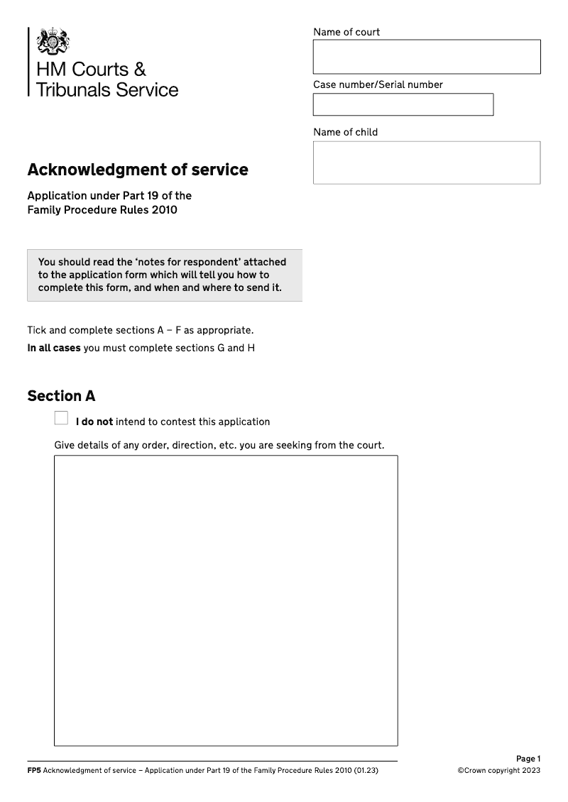 FP5 Acknowledgment of service Application under Part 19 of the Family Procedure Rules 2010 preview