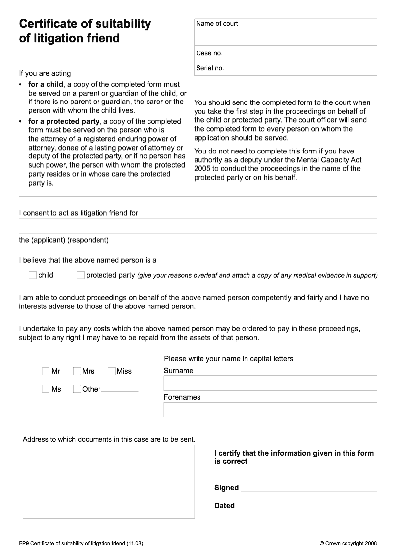 FP9 Certificate of suitability of litigation friend preview