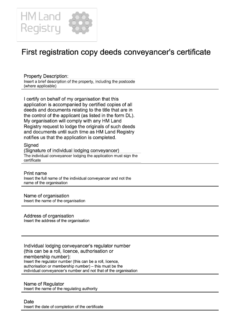 FR1 Certificate Certificate to accompany an application for first registration Form FR1 where lodging certified copies of deeds and documents preview