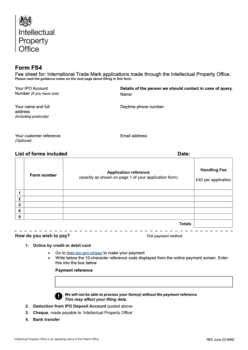 FS4 Fee Sheet for International Trade Mark applications made through the Intellectual Property Office preview