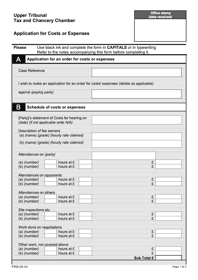FTC2 Application for Costs or Expenses Form FTC2 Tax and Chancery Chamber preview