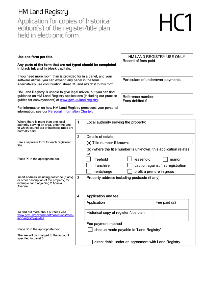 HC1 Application for copies of historical edition s of the register title plan held in electronic form preview