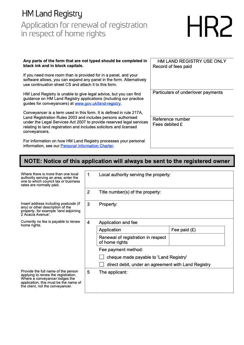 HR2X Application for renewal of registration in respect of home rights Word Version preview