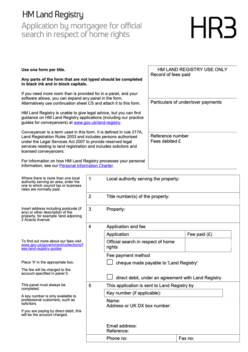 HR3 Application by mortgagee for official search in respect of home rights preview