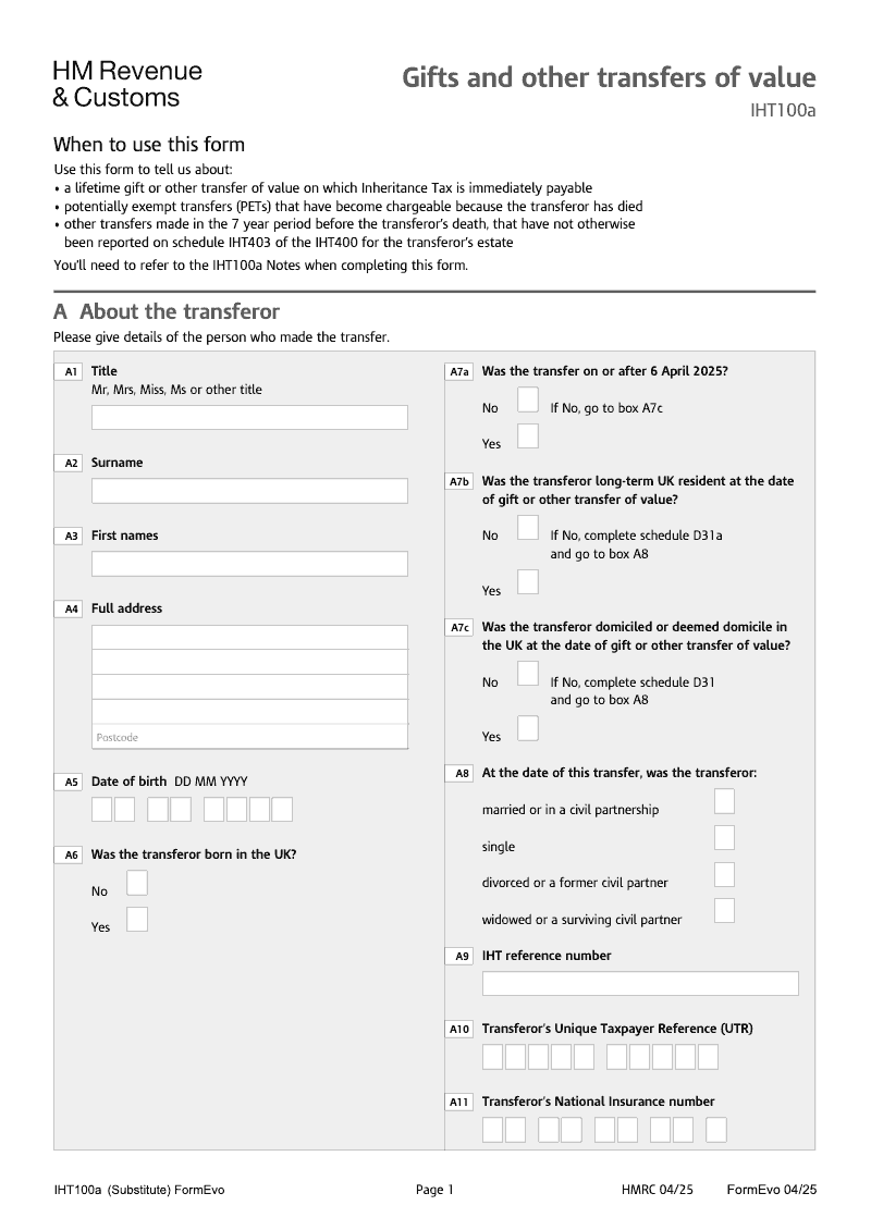 IHT100a 2025 Gifts and Other Transfers of Value preview