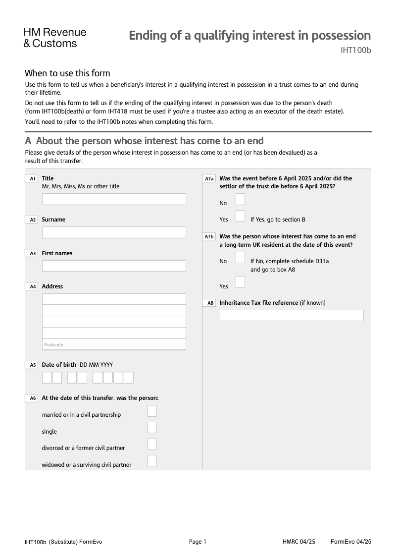 IHT100b 2025 Ending of a qualifying interest in possession preview