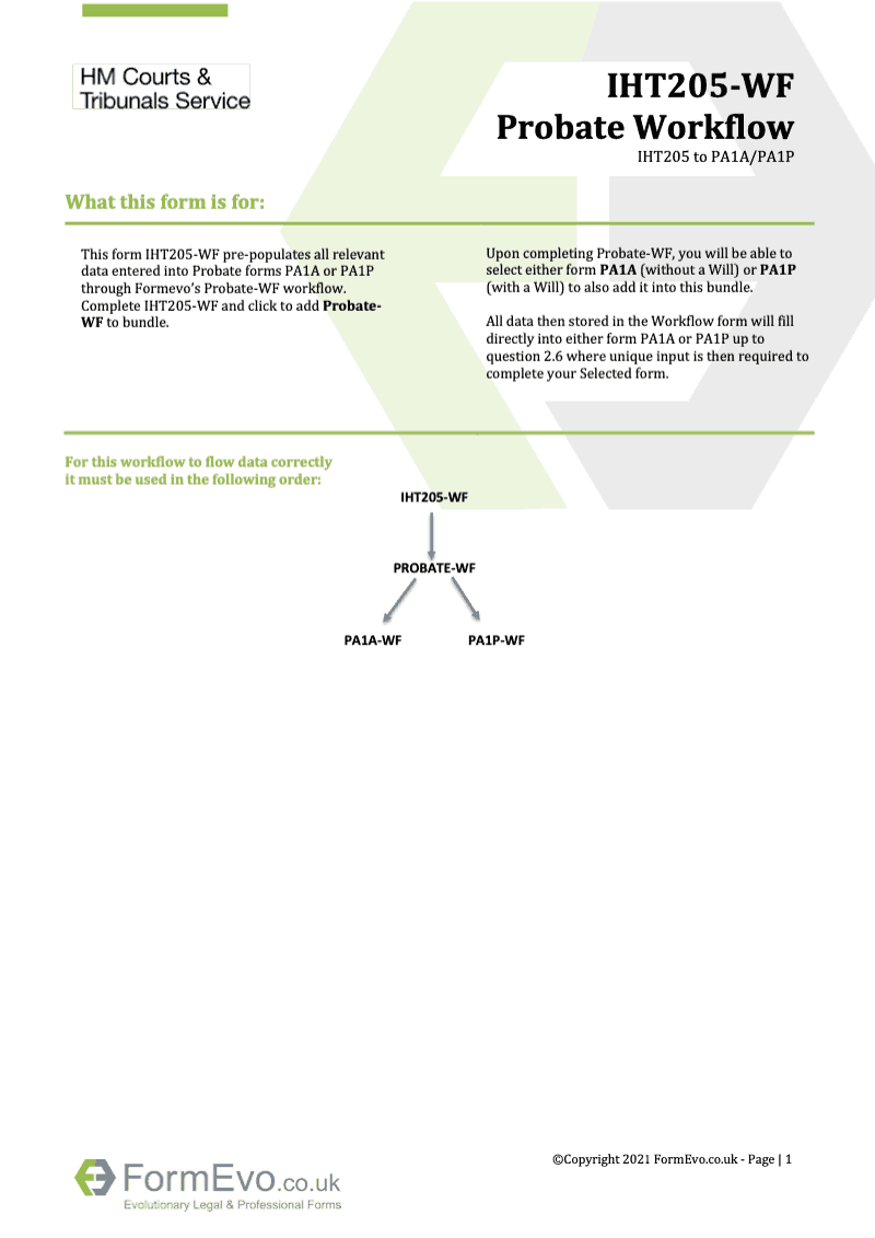 IHT205 WF Return of estate information Person died on or after 6 April 2011 This workflow version uses common data to flow through the Probate workflow form into Probate forms PA1A PA1P preview