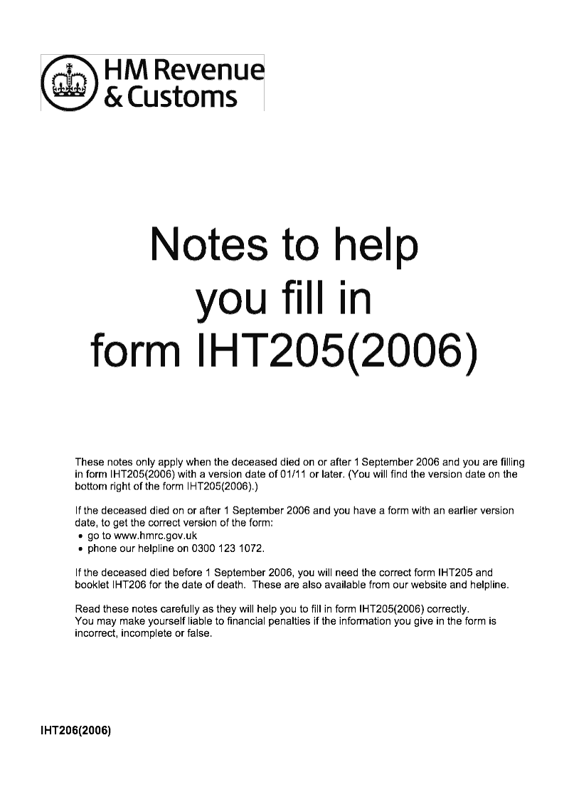 IHT206 2006 2011 Notes to help you fill in form IHT205 2006 2011 preview