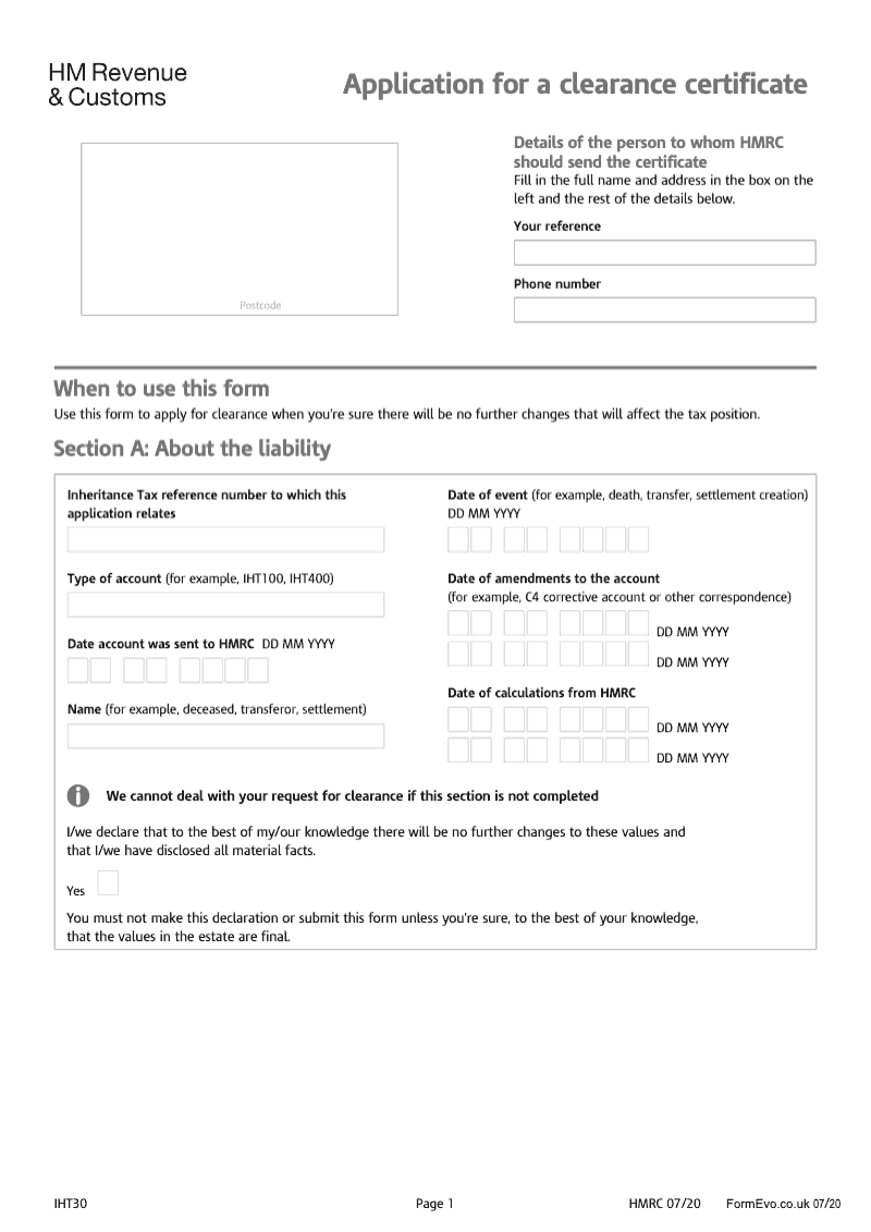 IHT30 Application for a clearance certificate preview