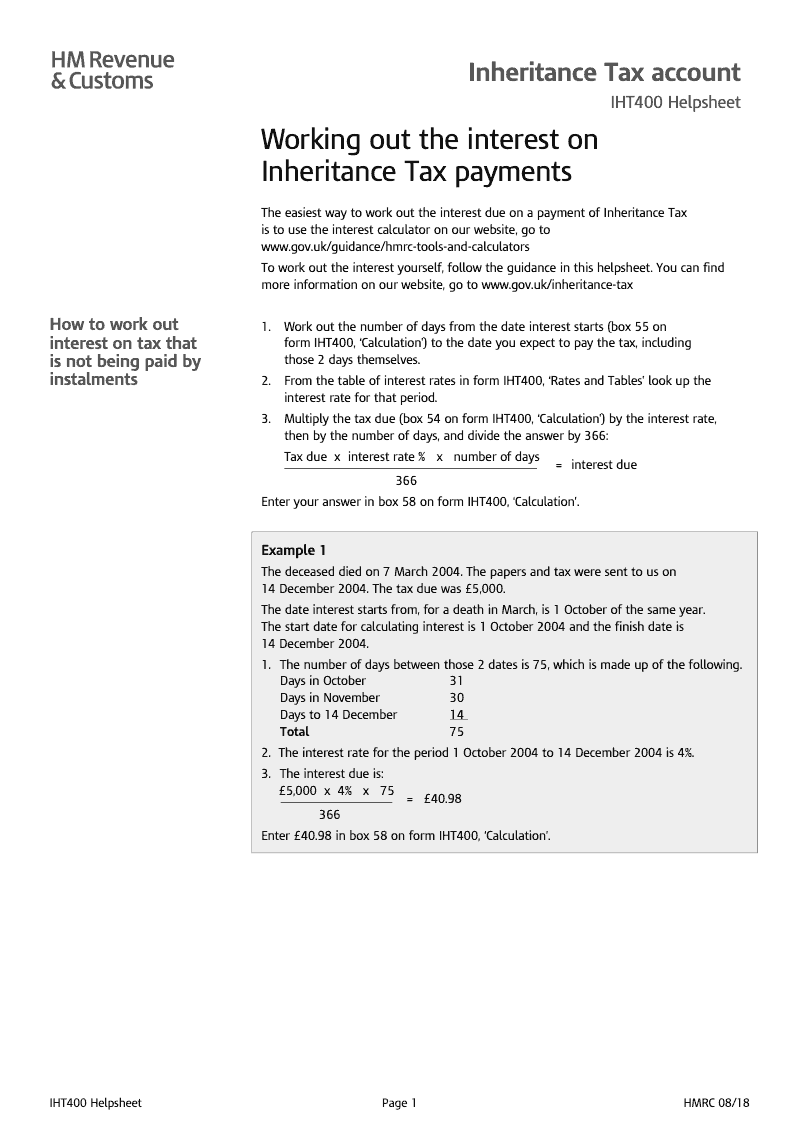 IHT400 Helpsheet Working out the interest on Inheritance Tax payments preview