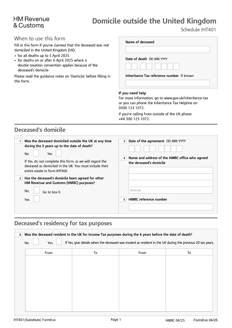 IHT401 Domicile outside the United Kingdom Schedule IHT401 preview