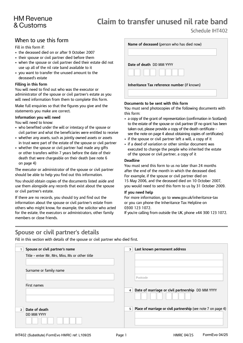 IHT402 Claim to transfer unused nil rate band Schedule IHT402 preview