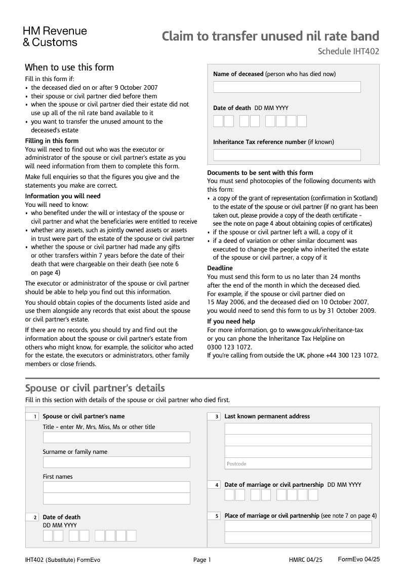 IHT402 Claim to transfer unused nil rate band Schedule IHT402 preview