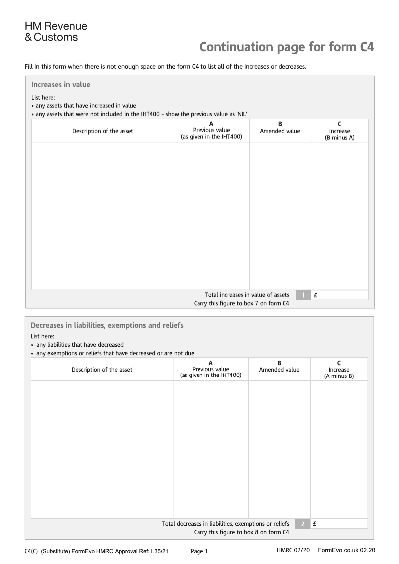 IHTC4 C Continuation sheet for form C4 Corrective Account preview