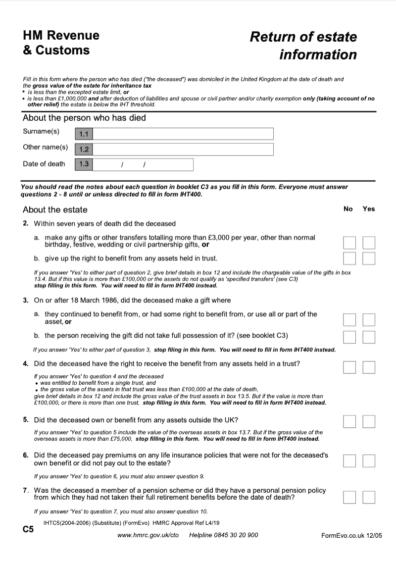 IHTC5 2004 2006 Return of Estate Information where the deceased was domiciled in the United Kingdom and died before 1st September 2006 preview