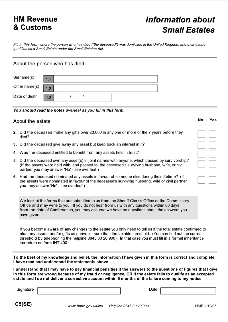 IHTC5 SE 2004 2006 Information about Small Estates where the deceased was domiciled in the UK and died before 1st September 2006 preview