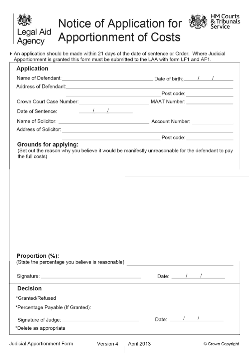 JA Form Notice of application for apportionment of costs Judicial apportionment form preview