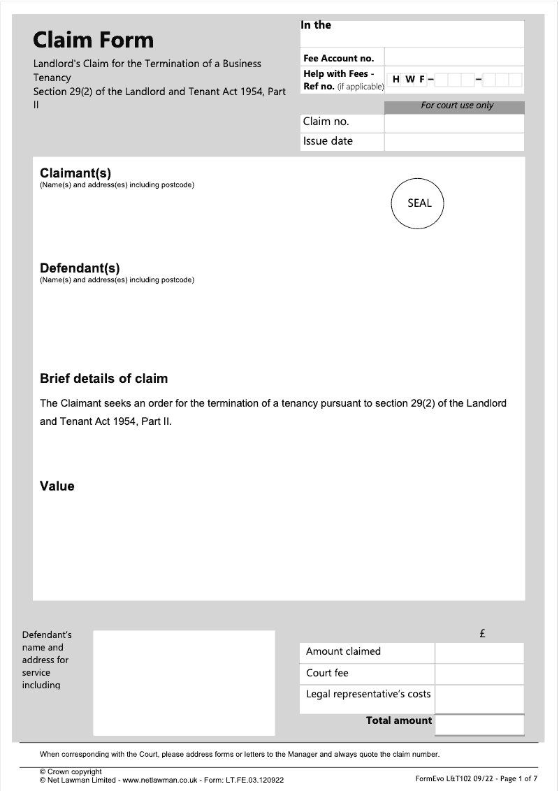 L T102 Landlord s Claim for the Termination of a Business Tenancy under Section 29 2 of the Landlord and Tenant Act 1954 Part II CPR Part 56 PD paras 3 4 3 9 LT503 preview