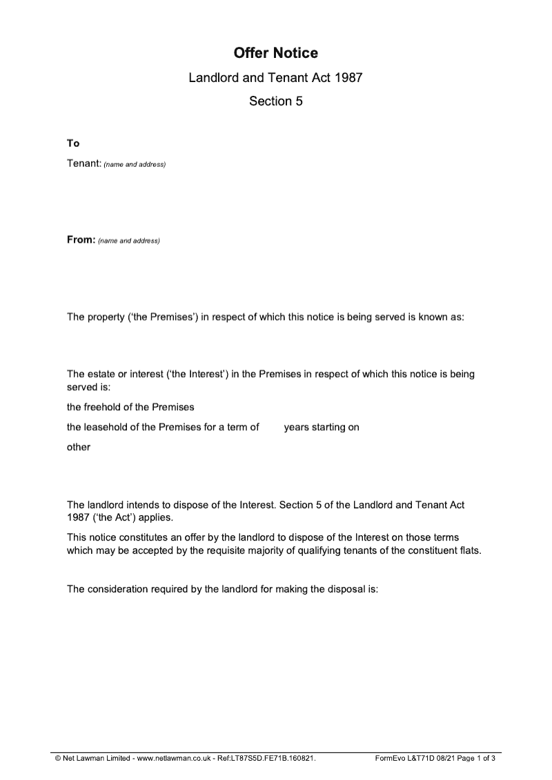 L T71D Offer Notice conveyance not preceded by contract Section 5D Landlord and Tenant Act 1987 preview