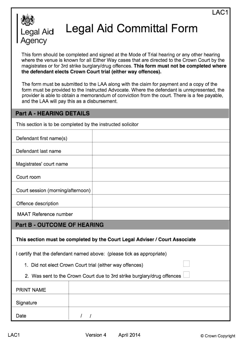 LAC1 Legal Aid committal form