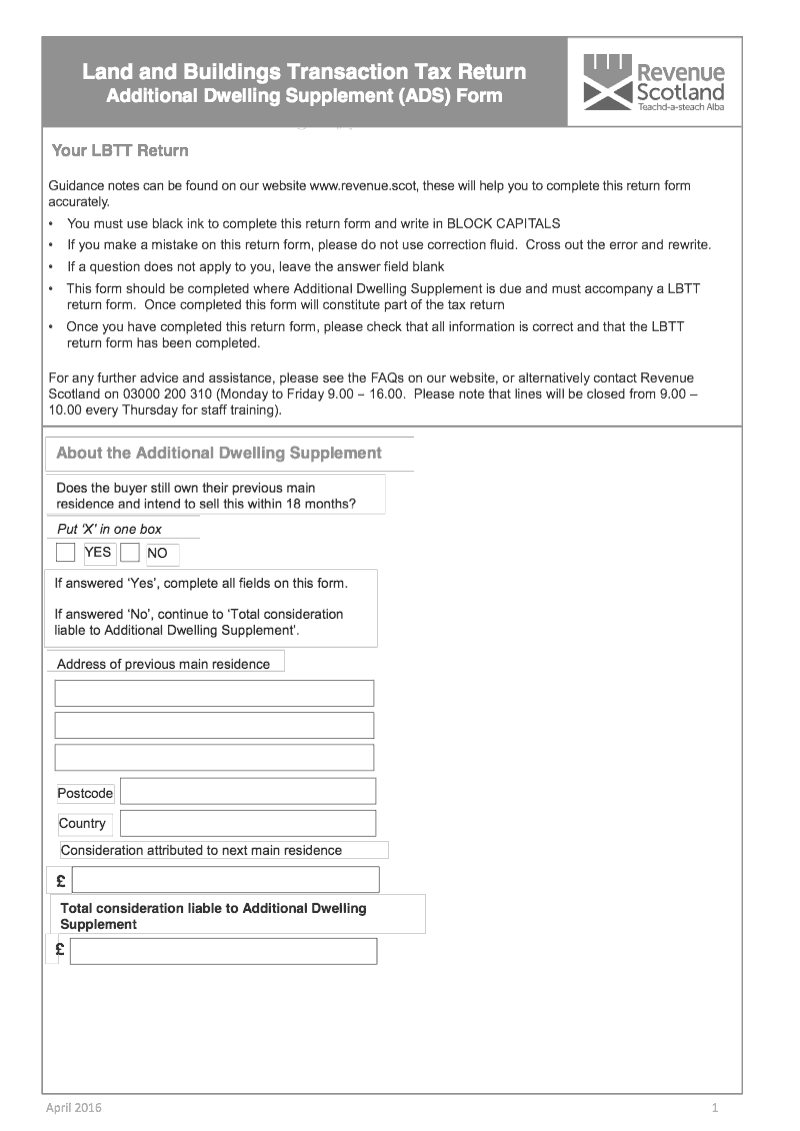 LBTT ADS Additional Dwelling Supplement ADS form Paper LBTT Returns Land and Buildings Transaction Tax preview