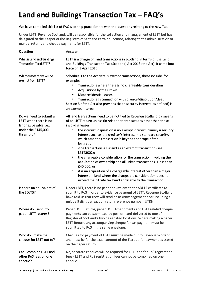 LBTT9 Frequently Asked Questions Land and Buildings Transaction Tax preview