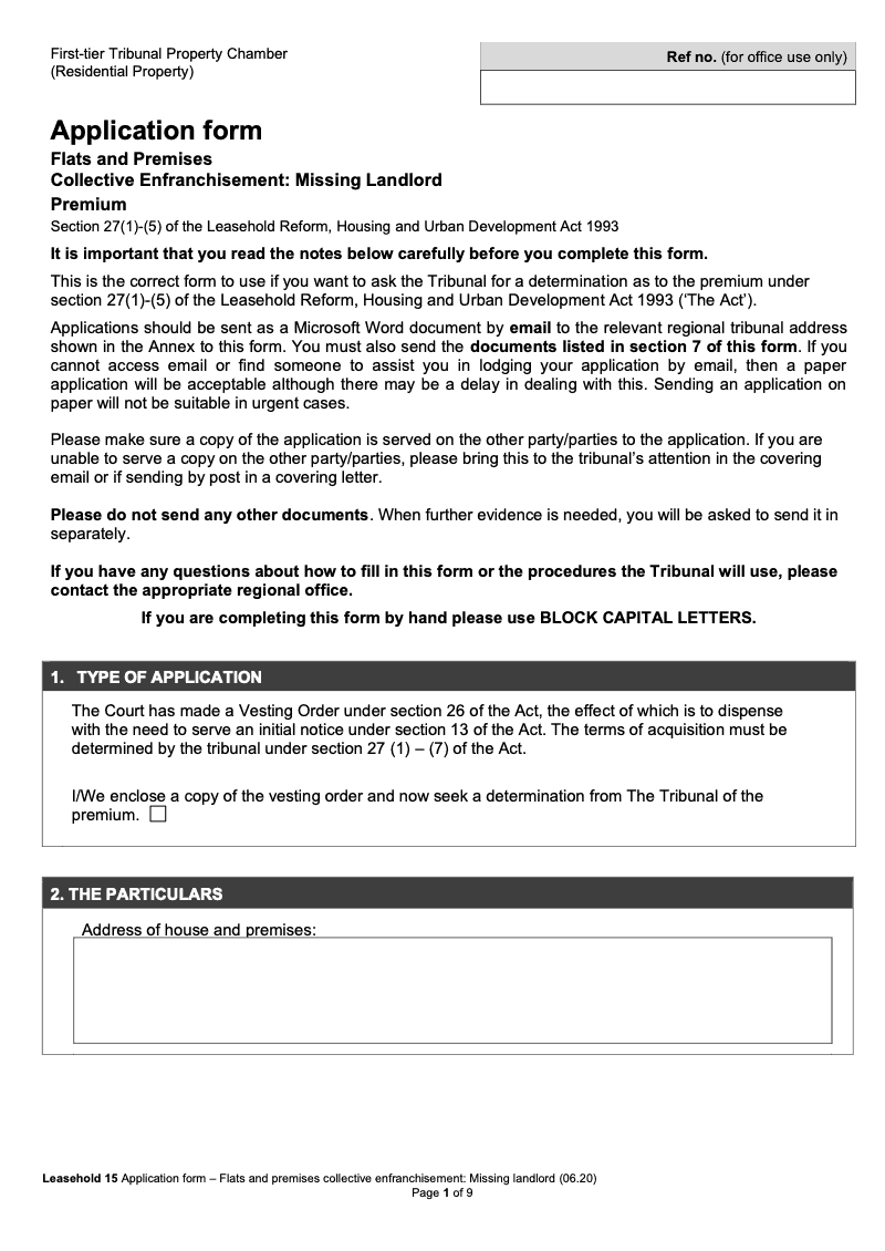 Leasehold 15 Application form Flats and Premises Collective Enfranchisement Missing Landlord Premium Section 27 1 5 of the Leasehold Reform Housing and Urban Development Act 1993 First tier Tribunal Property Chamber Residential Property preview