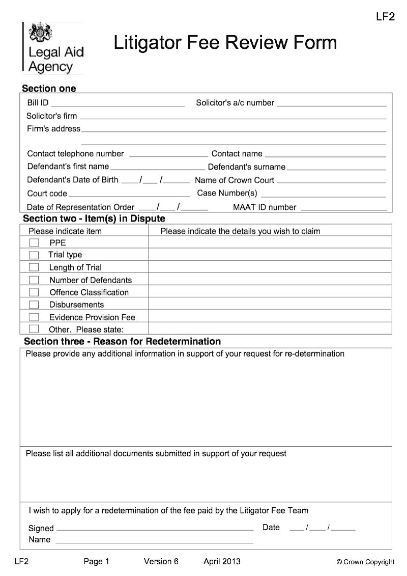 LF2 Litigator fee review form preview