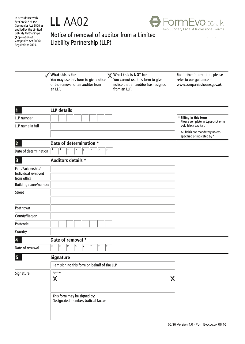 LL AA02 Notice of removal of auditor from a Limited Liability Partnership LLP Section 512