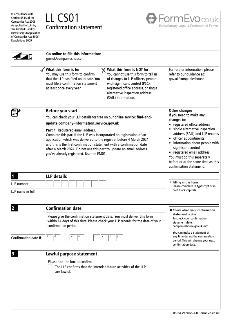 LL CS01 Confirmation statement Limited Liability Partnerships LLP Section 853A Companies Act 2006 preview