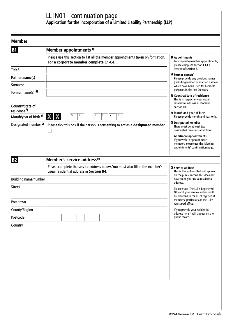 LL IN01 Continuation Page 1 Member appointments continuation page LL IN01 Application for the incorporation of a Limited Liability Partnership LLP preview