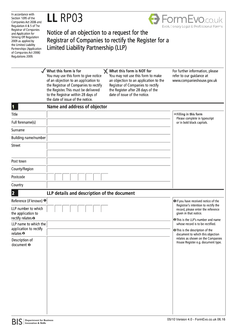 LL RP03 Notice of an objection to a request for the Registrar of Companies to rectify the Register for a Limited Liability Partnership LLP preview