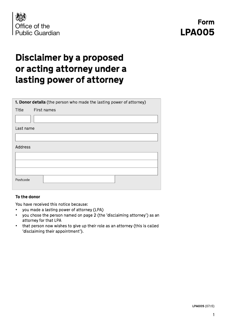 LPA 005 Disclaimer by a proposed or acting attorney under a Lasting Power of Attorney preview