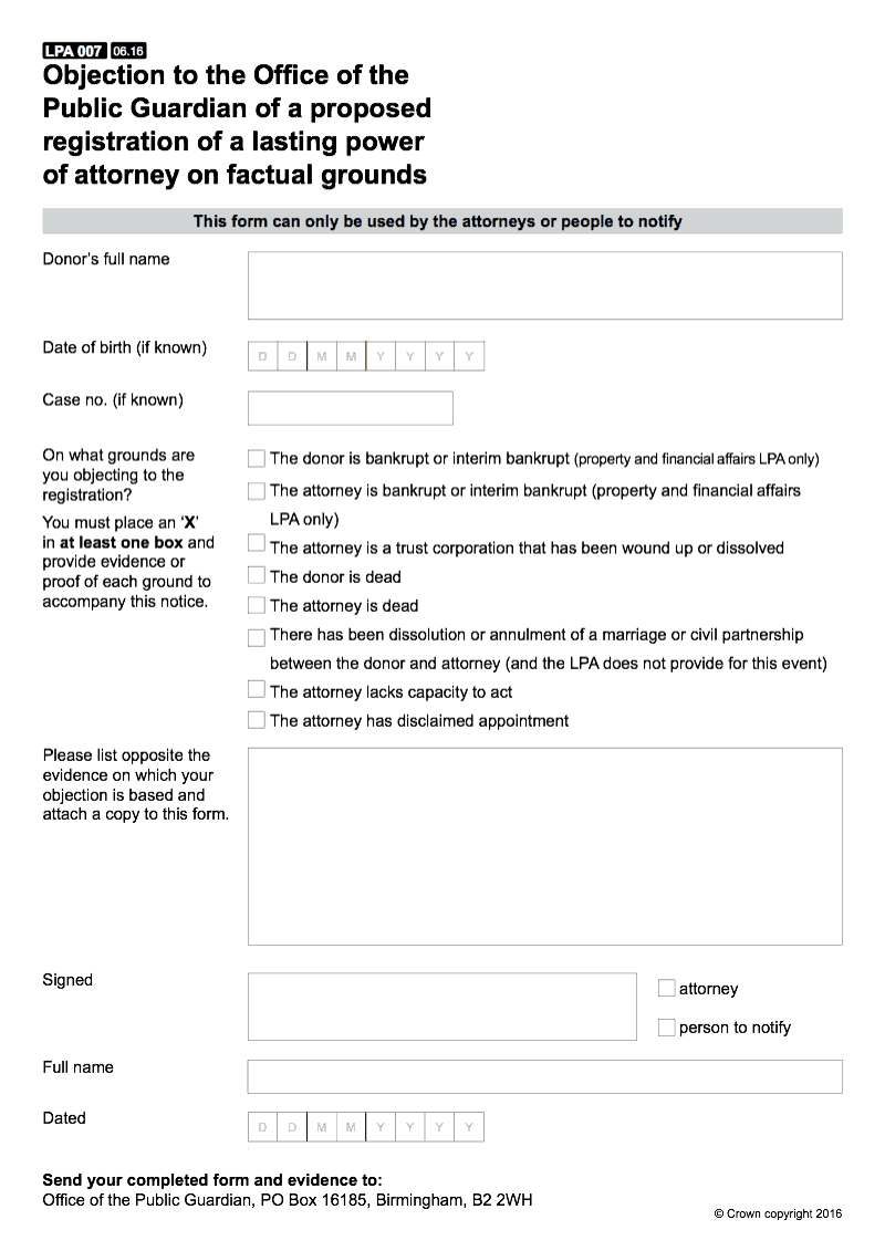 LPA 007 Objection to the Office of the Public Guardian of a proposed registration of a Lasting Power of Attorney on factual grounds preview